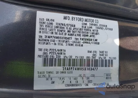 2005 Ford Crown Victoria Lx/Lx Sport z USA, uszkodzony, nr VIN 2FAFP74W05X103477